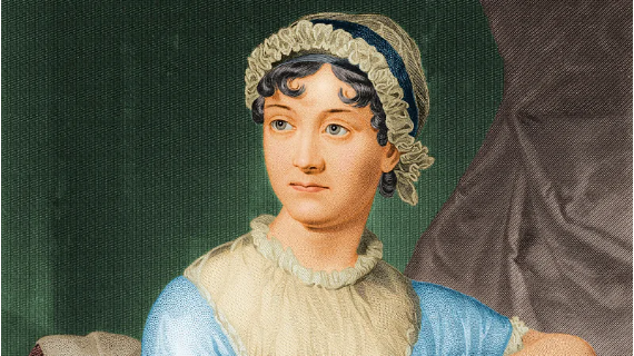 A painted portrait of Jane Austen. She has dark, curly hair tied up with a frilled ribbon and wears a blue dress with a white frilled collar.