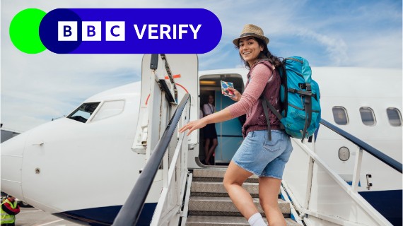 A grafically enhanced image of a smiling woman with a backpack boarding a plane