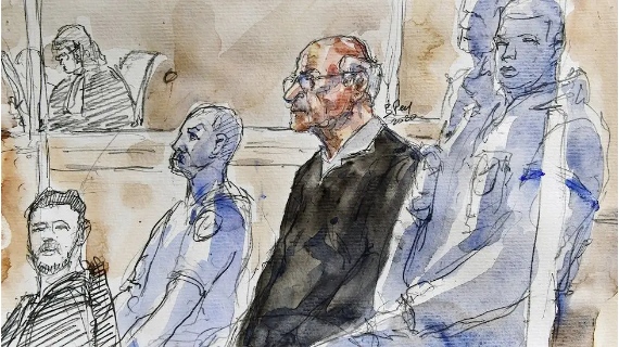 A court sketch from a 2020 trial sees Joel Le Scouarnec wearing a dark suit. He has white hair, a white moustacle, and wears glasses.