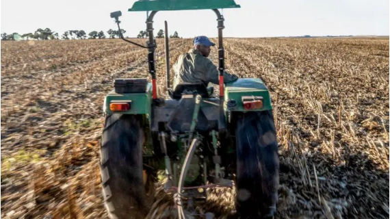 A farmer drives a green tractor through a field