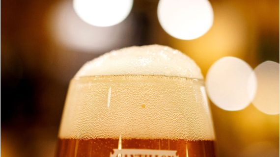 The foamy head of a beer poured in a glass