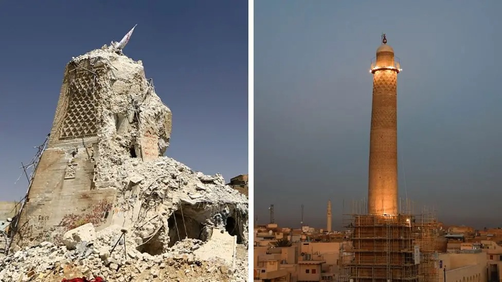 A composite image shows, on the left, the al-Habda minaret reduced to rubble in 2017. On the right, a fully reconstructed minaret - still enclosed by scaffolding at the base, towers over Mosul at dusk.