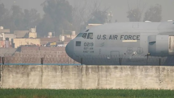 The nose of a US Air Force grey plane is seen landing in Amritsar.