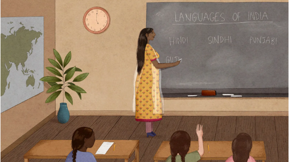 A cartoon shows a classroom in India with a teacher writing on the blackboard inf ront of three pupils sat at their desk. The blackboard reads: Languages of India: Hindi, Sindhi, Punjabi, and the teacher is in the middle of writing another word, starting with 'Guj' 