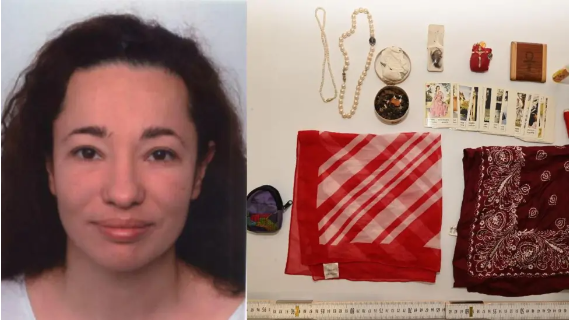 An ID photo of a woman with long dark hair and brown eyes is placed next to a picture of items found in her home, including tarot cards, two red scarfs, two pearl necklaces.