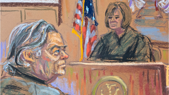 A court sketch of Steve Bannon sat before Justice April Newbaue.