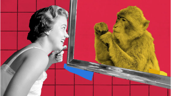 A composite image shows a black and white image of a woman brushing her teeth looking into a mirror, from where a yellow monkey is mimicking her pose.